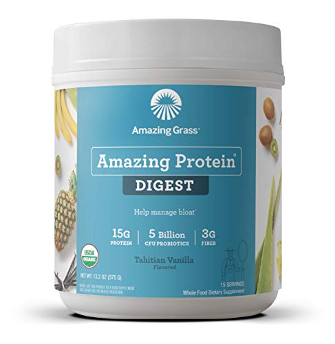 Amazing Grass DIGEST Vegan Protein Powder, Plant Based with Probiotics + Fiber to Manage Bloat, Tahitian Vanilla, 15 Servings