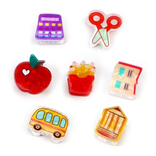 7pcs Back School Mini Hair Claw Clips Mini Pencil Bus Apple French Fries Hair Claw Clips for Girls Students Teachers 1st Day of School Cellulose Acetate Strong Holder Jaw Non Slip (B)