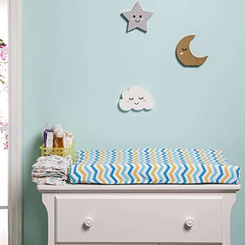 Everyday Kids 2 Pack Baby Changing Pad Covers For Baby Boy – Fits Most Changing Table Pads; 100% Cotton Jersey Knit, Breathable, Soft Changing Table Topper – Yellow And Blue Cars + Chevron Pattern #TOP4