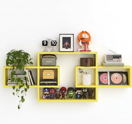 Image of Wooden Wall Shelves for Living Room, Bedroom Wall Mounted Rectangle Bookcase, Intersecting Wall Shelves for Storage Modern Decorative Display Shelves for Wall Decor (Yellow)