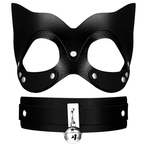 Flongo Leder Katzenmaske mit Halsband für Damen: 2 Stück Schwarz Sexy Punk Katze Maske Choker Set mit Nieten und Glöckchen Verstellbare Cosplay Halbmaske für Rollenspiel Partys Nachtclubs
