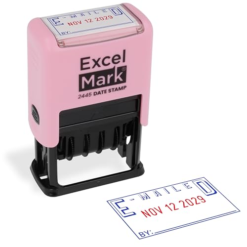 ExcelMark 2445 Date Stamp with Text - Blue and Red Ink (Pink Mount, Emailed)