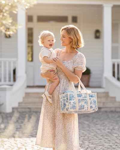 Image of Blissful Diary Toile Diaper Caddy Organizer, Baby Diaper Basket, Blue Toile