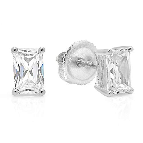 2 Ct Brilliant Emerald Cut Solitaire Studs Stunning Genuine Vvs1 Flawless Clear Simulated Diamond Solid 18K White Gold Designer Earrings Screw Back #TOP26