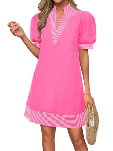 Wenrine Womens Summer V Neck Shift Dresses Casual Puff Short
