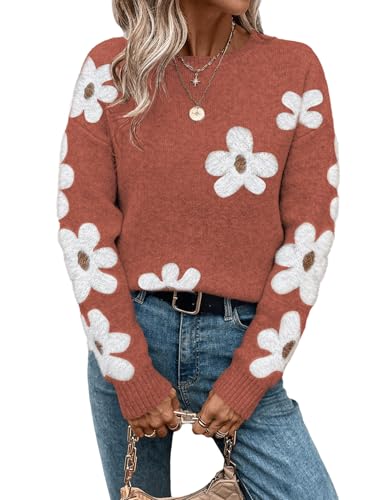 SHENHE Women's Floral Pattern Crewneck Long Sleeve Drop Shoulder Sweaters