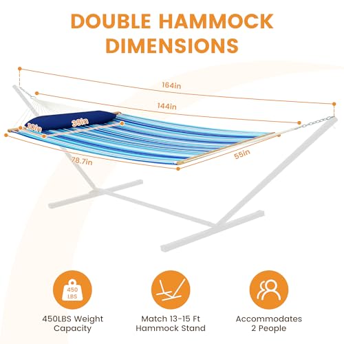Image of Lazy Daze Hammocks 12 FT Quilted Fabric Double Hammock with Spreader Bars, Detachable Pillow and Carabiners, 450lbs Weight Capacity, Mixed Blue Stripes