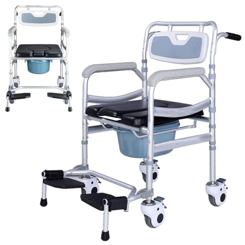 Chaises percées de chevet, fauteuil roulant de transport pour toilettes et douche, chaise de toilette percée pliable à pédales et roulettes verrouillables, siège de douche réglable en hauteur pour p