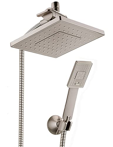 BRIGHT SHOWERS Rain Shower Head with Handheld Spray 5 ft. Shower Hose Combo Includes Wall Mount Suction Bracket, 3-Way Water Diverter Mount (8 Inch Square, Brushed Nickel)