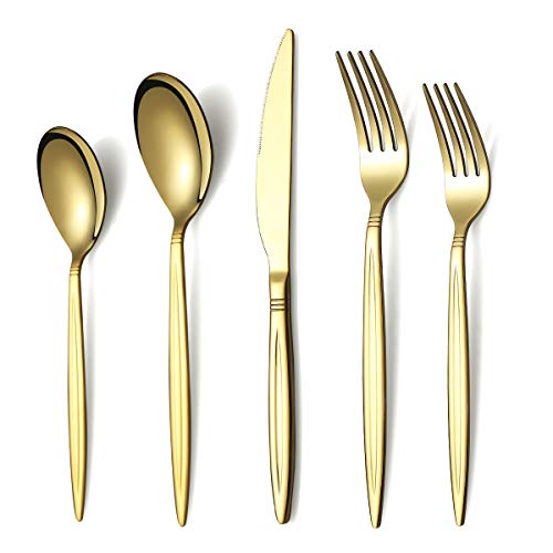 Gold Silverware Set, Berglander Titanium Gold Plating Flatware Set 20 Pieces, Stainless Steel Golden Flatware Set, Gold Cutlery Set Service For 4