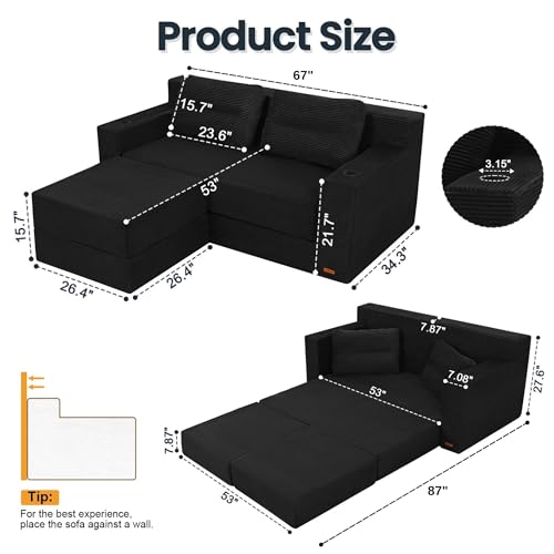 Image of COMAX Futon Sofa Bed, Convertible Sofa Bed, Folding Boneless Couches | Boneless Couch for living room, Fold Out Small Foldable Loveseat Floor Sleeper Mattress Lounge Space‑Saving, 67 inch L-Shaped