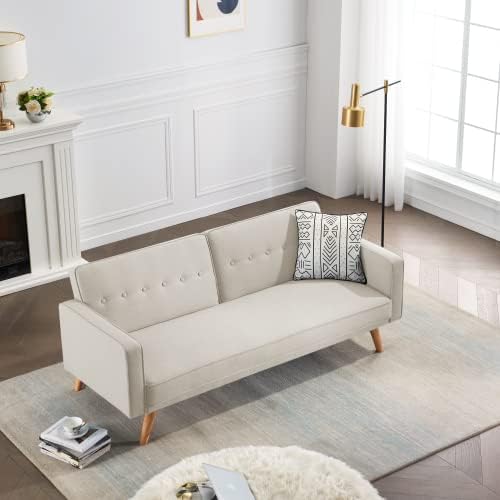 Vista 14 de Sofá cama tipo futón convertible, sofá cama plegable de lino moderno con respaldo dividido, respaldo ajustable, reposabrazos, marco de madera y Verde