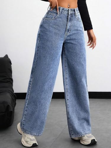 Image of KOTTY Women's Wide Leg Denim Jeans | Relaxed Fit High Rise Fashion Jeans for Casual Wear