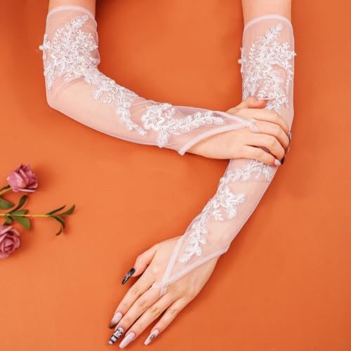 CASDRE Fingerless Long Lace Wedding Gloves White Tulle Bridal Arm Sleeves Pearl Floral Elbow Length Tea Party Gloves for Women and Girls2