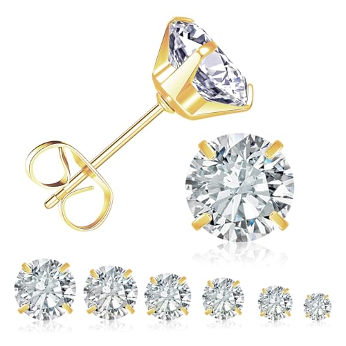 6 Pairs Stud Earrings for Women, 14K Gold Plated Hypoallergenic 316L Surgical Stainless Steel Earrings Studs Sets Cubic Zirconia Cartilage Earrings