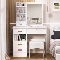 tekrabea Dressing Table with Mirror and Stool, Vanity Table with LED Lights and Adjustable Brightness, Vanity Desk with Mirror, 6 Hidden Shelves, Makeup Desk for Bedroom, White