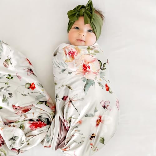 Image of GRSSDER Baby Blankets Super Soft Jersey Knit Swaddle Blanket for Baby Girls and Boys, Double Layer Receiving Blankets 34 x 44 Inches Extra Large for Baby, Flowers and Insects