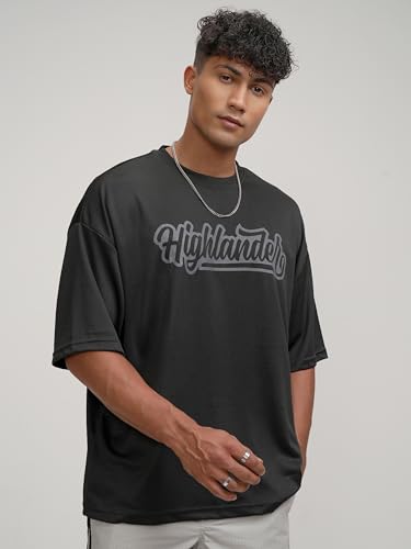 Image of Highlander Men's Popcorn Structured Oversized T-Shirt | Round Neck | Half Sleeves | Drop Shoulder | Casual & Trendy | Graphic Print | Tshirt for Man | Men Tshirts | Men Stylish Tshirt