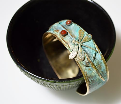 Elaine Coyne Dragonflies on Feather Wearable Art Cuff Bracelet - Semi-Precious Stones3