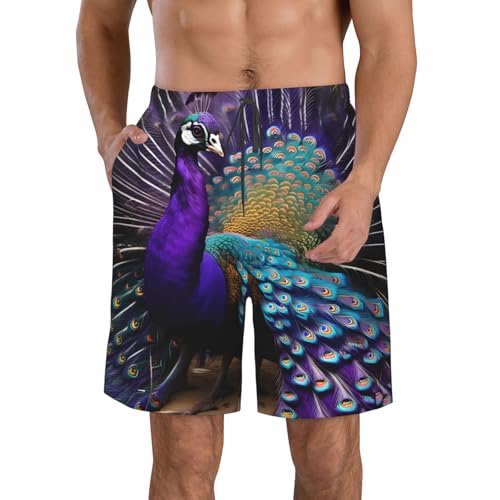Purple Peacock Print Beach Shorts Swim Trunks Swimwear for Men Bathing Suit Men's Shorts with 3 Pockets