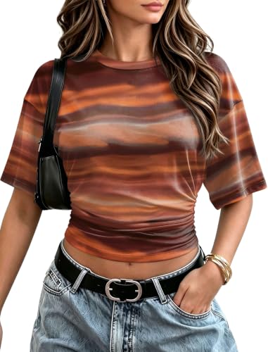 Sampeel Crop Summer Tops 2026 Trendy Batwing Short Sleeve Ruched Waist Slim Fitted Basic Tees Going Out T Shirts Fashion