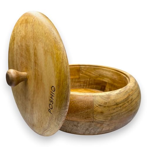 Image of POSHIO Wooden Casserole Hotpot Box with 1 Ladle, Breads Storage & Serving Box | Mango Wood Container | Non-Toxic Polished Serveware- Natural Wood Finish (1, Natural, 9x9x4in, Style 2)