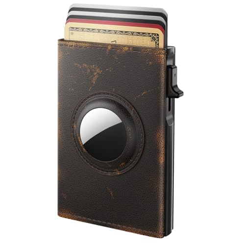 Image of typecase Mens Leather RFID Blocking Minimalist Slim Wallet for AirTag - Automatic Pop-Up Card Holder, ID Window, Cash Slot - Carbon Fiber