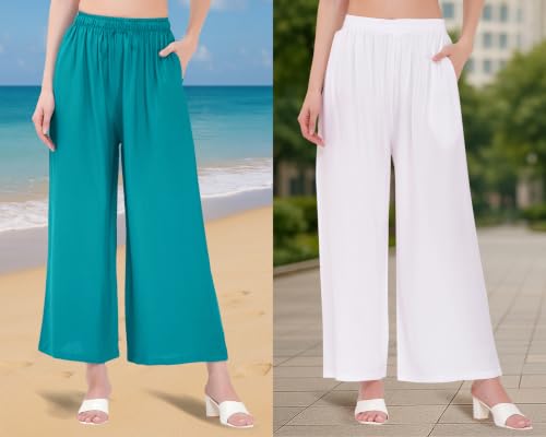 Image of Buy That Trendz Palazzo Pants for Women Rayon Elasticated Regular Fit Flared Wide Leg M to 6XL Pack of 2