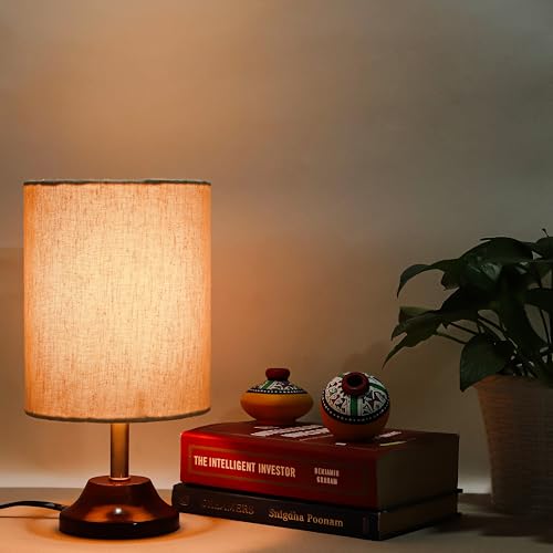 Lexton Stylish Wooden Round Shades Table Lamp for Bedroom, Desk L...
