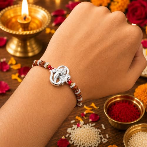 Image of Silver Rakhi for Brother | 92.5% Fine Silver OM Design rakhi for brother with Kumkum Chawal | Certificate of Authenticity