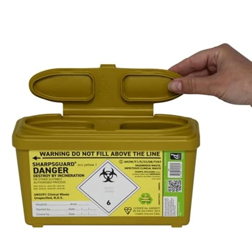 5X 1L Sharpsafe Medical Sharps Bins - Safe Disposal of Used Needles, Syringes, and Sharps - Biohazard Waste Containers for Medical Use - Compact 1L Tub for Hospitals & Home Use