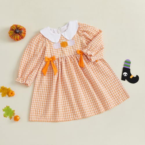 Toddler Little Baby Girl Halloween Outfit Pumpkin Dress Long Sleeve Plaid Smocked Dress Cute Fall Clothes2