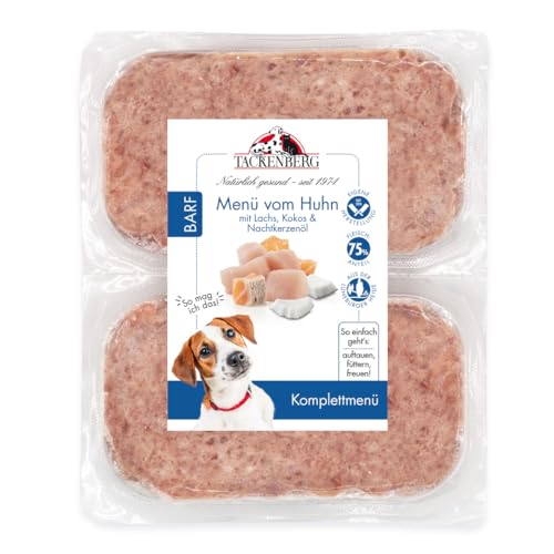 TACKENBERG Barf Menü mit Hühnerfleisch, Lachs, Kokos und Nachtkerzenöl für Hunde - 14 x 500 g - leckeres Frostfleisch als Hundefutter in Premiumqualität - Gefrierfutter