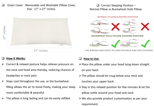 Image of Buckwheat Hulls Pillow | King Size | 17 inch x 27 inch inch | Pillow for Neck Pain | Shoulder Pain | Back Pain | Other Sleeping Problem | for Daily Use (Cream)