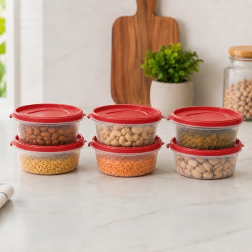 Image of Cutting EDGE 500ml Nesterware Food Storage Container Set of 6 for Pulses, Sugar, Tea, Cereals, Travelling, Spices, Office, Lunch Box (Red) | BPA-free plastic, stackable design, leak-proof, kitchen storage, pantry, fridge, meal prep, reusable, travel use