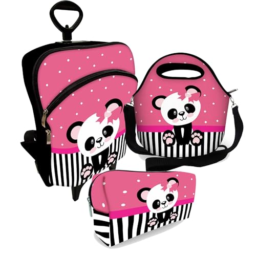 Kit Mochila Escolar Rodinhas + Lancheira + Estojo Panda Lacinho