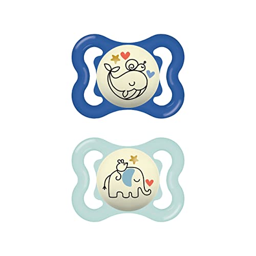 8 Besten baby schnuller Testsieger - welcher schnuller ist der beste 7 MAM Supreme Night Schnuller im 2er-Set, leuchtender Babyschnuller für eine gesunde Zahn- und Kieferentwicklung, beugt Hautreizungen vor, mit Schnullerbox, 0-6 Monate, Wal/Elefant
