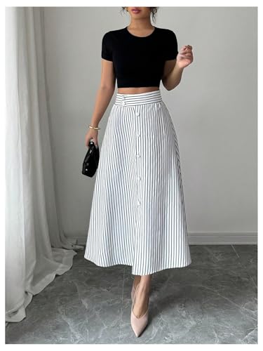 MakeMeChic Women's Skirts Trendy Summer Striped High Waist Button A Line Work Office Midi Skirts4