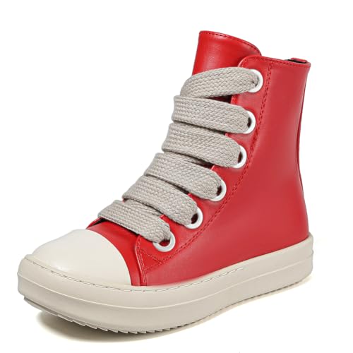 Kids High Top Sneakers Zipper Lace Sneakers Girls Multi Colored Thick Sole Casual Platform Walking Shoe Red
