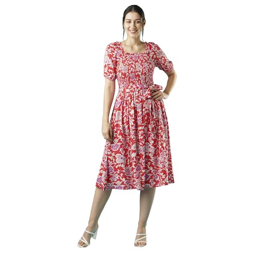 Image of Globus Women Teal Floral Print Smocked Square Neck Casual Fit and Flare Midi Belted Dress-3638174002