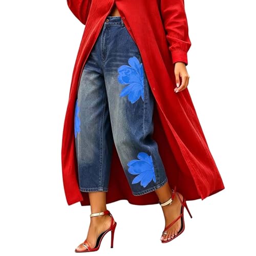 Jean jambes larges femme coupe baggy en denim fleuri et taille haute d'été