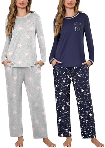 Marvmys Womens 2 Pack Pajama Sets Long Sleeve Pajamas Tops and Pants Pj Sets Printed Pjs Sleepwear with pockets S-3XL
