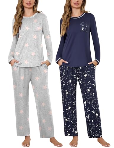 Marvmys Womens Long Sleeve Pajama Sets 2 Pack Pajamas Tops and Pants Pj Sets Printed Pjs Sleepwear with pockets S-3XL