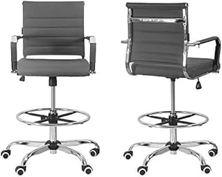 Silla de dibujo taburete ergonómico de cuero para oficina – alto con brazos pie altura ajustable Mid-back Tilt-Tension Control Rocker Lumbar Soporte giratorio acolchado BIFMA 400 lb (gris)