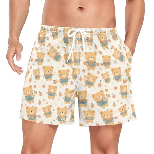 Yellow Retro Bears Swim Shorts for Men Men's 2 Layer Inseam Bathing Suit with Compression Liner Quick Dry XL