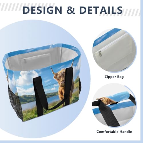 YETTASBIN Hignland Cow Large Foldable Travel Tote Bag, Lightweight Waterproof Swim Pool Bag with Handles & Pocket for Beach Outdoor, Reusable Grocery Bag for Kitchen, Shopping4