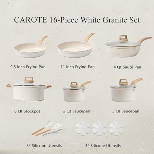 CAROTE 16 Piece Pots and Pans Set Nonstick, White Granite Cookware Sets Induction Cookware, Non Stick Cooking Set w/Frying Pans & Saucepans (PFOS, PFOA Free)