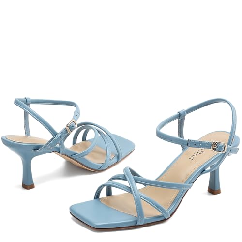 Image of AIUNIIND Kitten Heels for Women, Strappy Square Open Toe Sandals 2.5 inch