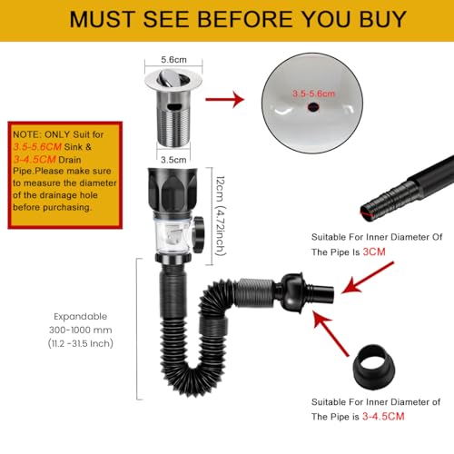 Image of HASTHIP Stainless Steel, ABS Sink Drain Kit with Flexible Expandable P-Trap Sink Drain Pipe Tube Anti-Odor Bathroom 3 in 1 Plumbing, Fits for 3-4.5 cm Drain Hole, for Kitchen Bathroom Sewer
