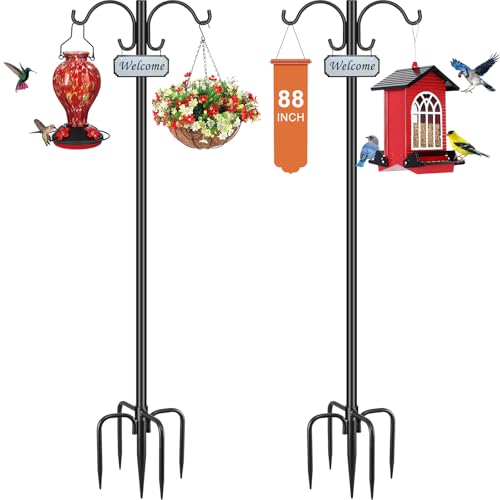 Tegarbed Heavy Duty Double Shepherd Hooks for Outdoor 1-in Dia with 5-Prong Base 88inch Adjustable Decorative Metal Bird Feeder Pole for Hanging Bird Nest Plant Basket Lantern Solar Light 2 Pack